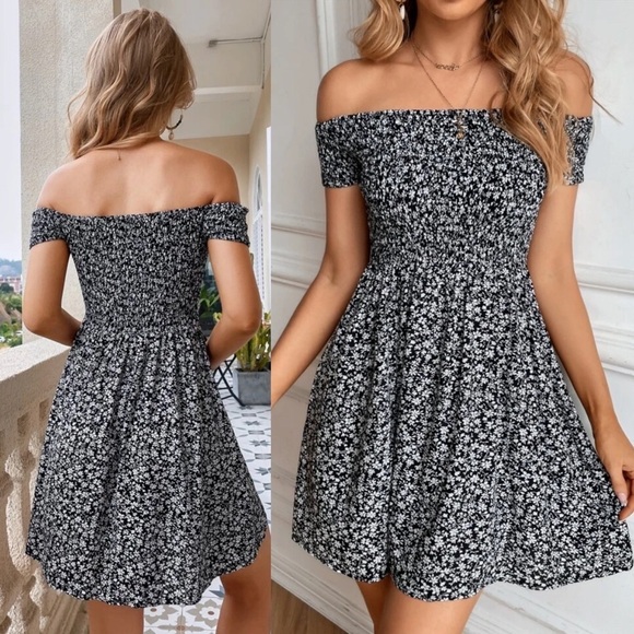 Shirred off the shoulder floral print dress boho gypsy blue - Picture 6 of 8